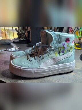 Puma High-Top Canvas Sneakers in Light Mint with Embroidered Florals